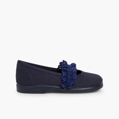 Girls' Mary Janes with Elasticated Lace Strap Navy Blue