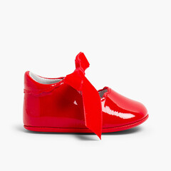 Mary Jane Bootie Patent Leather Velvet Bow  Red