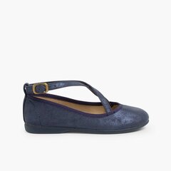 Mary Janes girls buckles crossed straps           Navy Blue