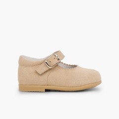 Girls Buckle Up Suede Mary Janes Beige