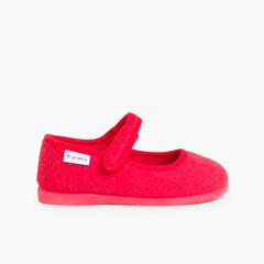 Girls Towelling Bouclé Mary Jane Slippers Red