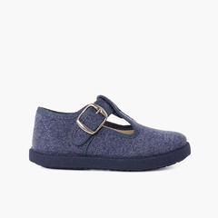 Casual T-Bar Shoes with Sport Sole same Tone  Blue denim