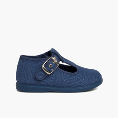 Boys Linen T-Bar Shoes with Buckle Airforce blue