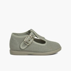 Boys Linen T-Bar Shoes with Buckle Pearl Grey