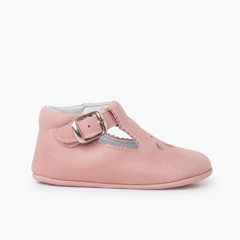 Leather baby T-Bar shoes with perforated detail Pink