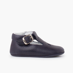 Leather baby T-Bar shoes with perforated detail Navy Blue