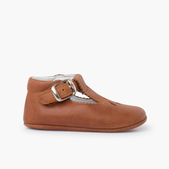 Leather baby T-Bar shoes with perforated detail Leather