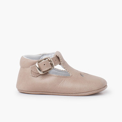 Leather baby T-Bar shoes with perforated detail Light Grey