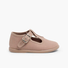 Canvas Buckle Up T-Bar Shoes Light Brown