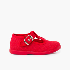 Boys Linen T-Bar Shoes with Buckle Red