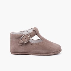 Suede T-Bar Shoes for babies with buckle Dark grey