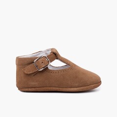 Suede T-Bar Shoes for babies with buckle Taupe