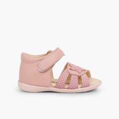 Leather sandals girls first step loop fasteners and star Pink