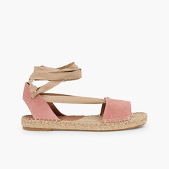 Suede and Esparto Sandals with Ribbons Pink