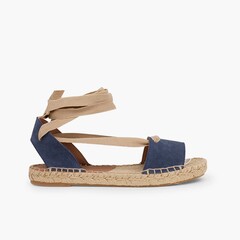 Suede and Esparto Sandals with Ribbons Blue