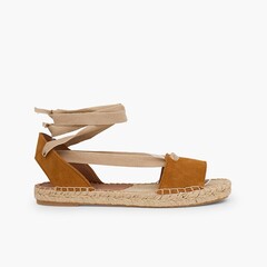 Suede and Esparto Sandals with Ribbons Camel