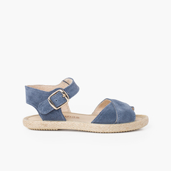 Suede Sandal with Crossed Straps and Jute Sole Blue