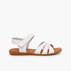 Girls' Leather Sandals with Crossed Straps and loop fasteners Closure White