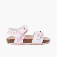 Sandals with flowers double buckle and bio sole White