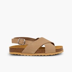 Cross strap sandals in nubuck for kids Taupe