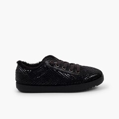  Snake Animal Print Trainers with Fur Lining Black