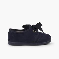 Kids Blucher-Style Shoe with Bow and Broguing Navy Blue